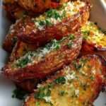 Quartiers de pommes de terre dorés au four, enrobés d’ail et de parmesan, servies avec persil frais.