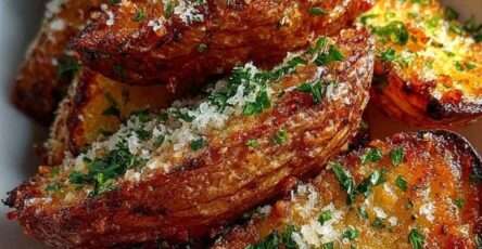 Quartiers de pommes de terre dorés au four, enrobés d’ail et de parmesan, servies avec persil frais.