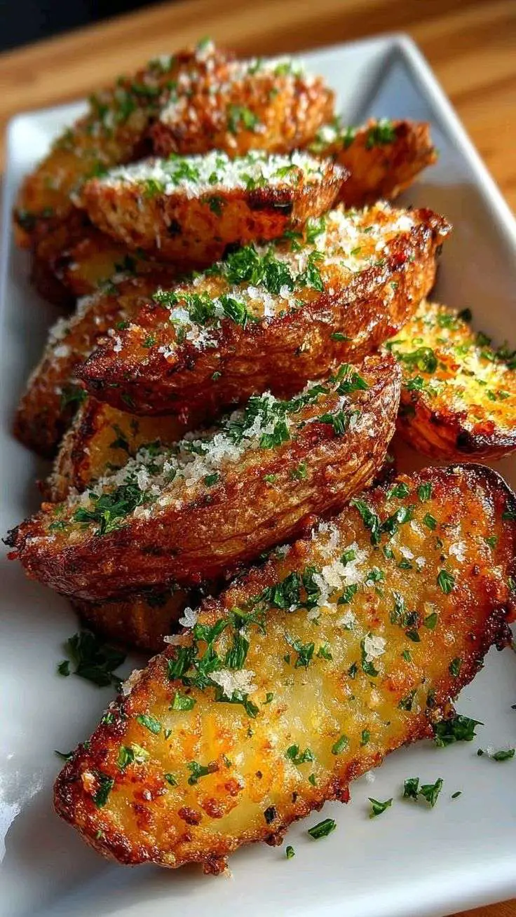 Quartiers de pommes de terre dorés au four, enrobés d’ail et de parmesan, servies avec persil frais.