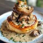 Vol-au-vent au poulet et champignons garni d’une sauce crémeuse, sur assiette blanche, décoré de persil frais et accompagné de légumes verts.