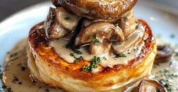 Vol-au-vent au poulet et champignons garni d’une sauce crémeuse, sur assiette blanche, décoré de persil frais et accompagné de légumes verts.