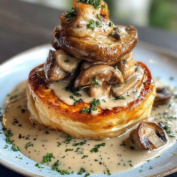 Vol-au-vent au poulet et champignons garni d’une sauce crémeuse, sur assiette blanche, décoré de persil frais et accompagné de légumes verts.