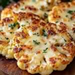 Steaks de chou-fleur rôtis au four garnis de fromage fondu et persil frais.