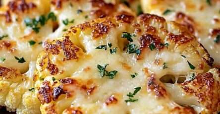 Steaks de chou-fleur rôtis au four garnis de fromage fondu et persil frais.