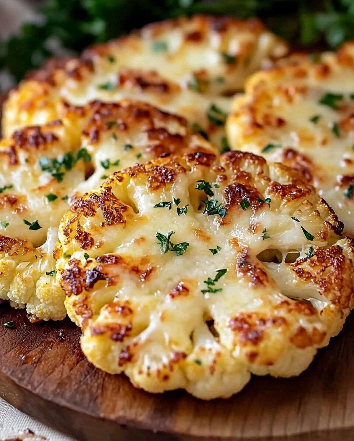 Steaks de chou-fleur rôtis au four garnis de fromage fondu et persil frais.