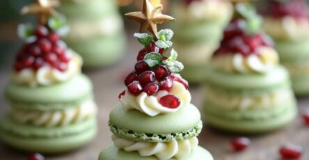 Macarons de Noël en forme de petits sapins composés de coques vertes superposées et décorés de grains rouges et d’une étoile sucrée.