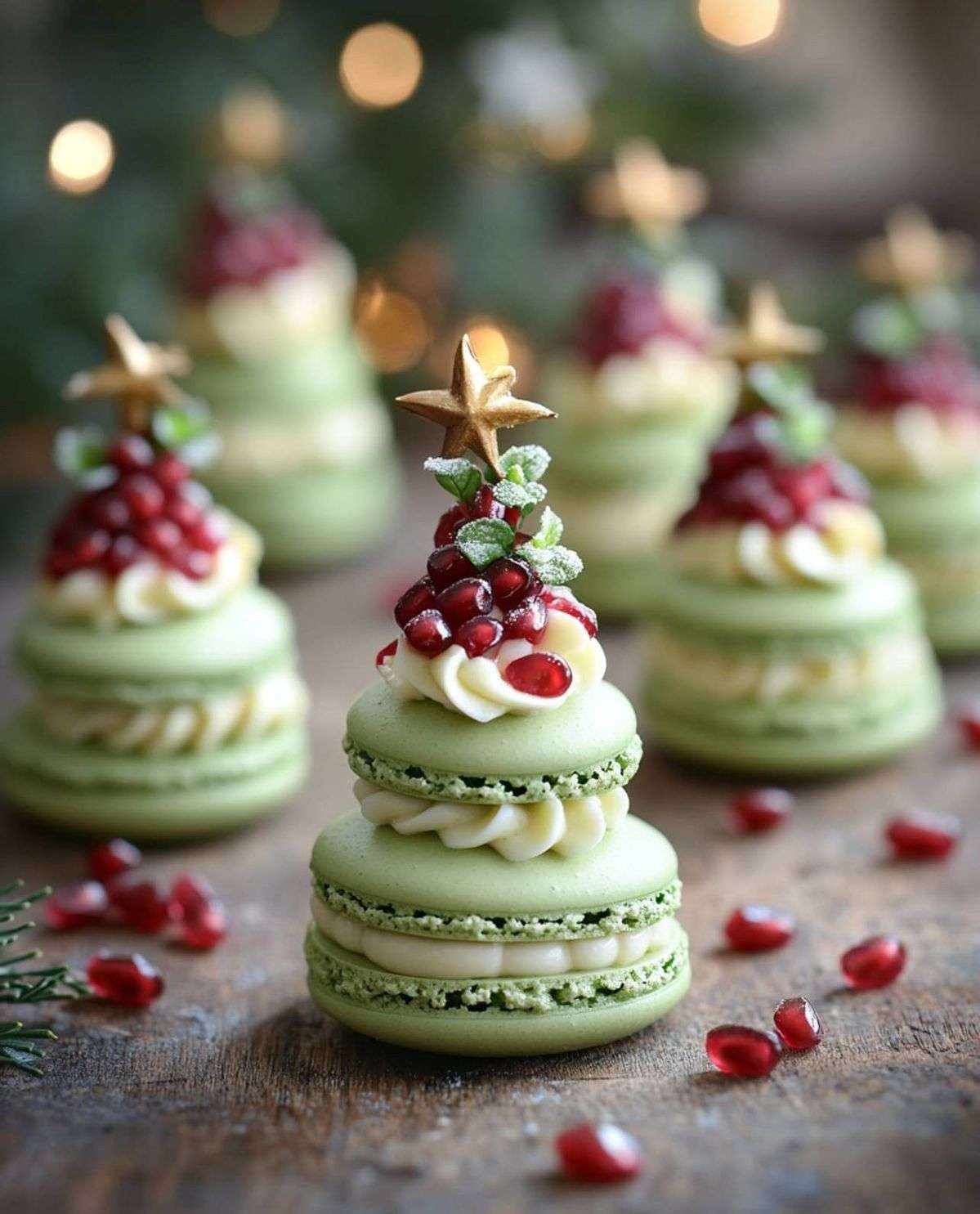 Macarons de Noël en forme de petits sapins composés de coques vertes superposées et décorés de grains rouges et d’une étoile sucrée.