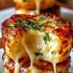 Bouchées de purée de pommes de terre au fromage dorées au four, disposées dans un plat et servies chaudes.