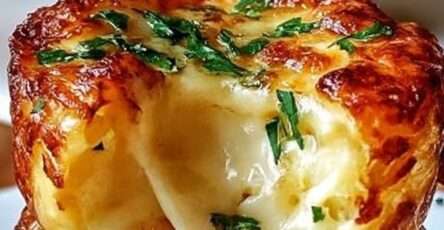 Bouchées de purée de pommes de terre au fromage dorées au four, disposées dans un plat et servies chaudes.