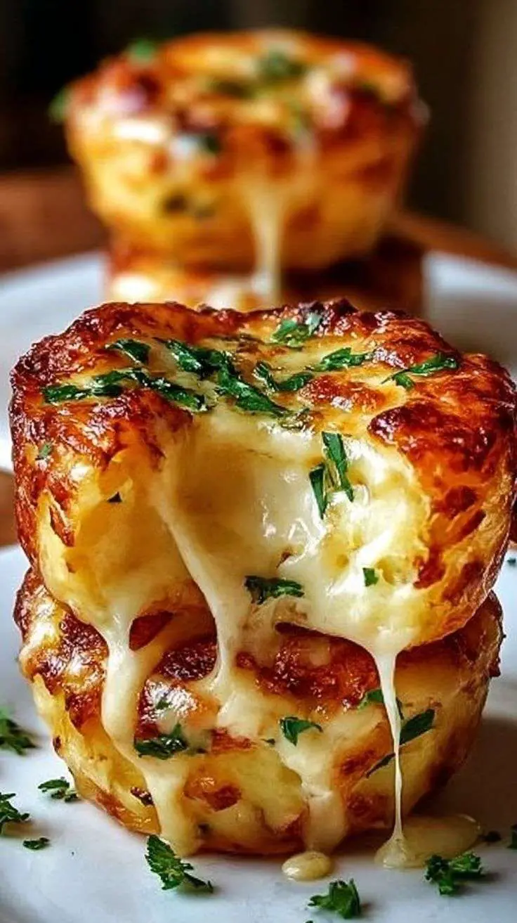 Bouchées de purée de pommes de terre au fromage dorées au four, disposées dans un plat et servies chaudes.