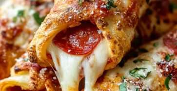 Rouleaux de pizza au pepperoni dorés au four, garnis de fromage fondant et de sauce tomate, servis sur une planche en bois.