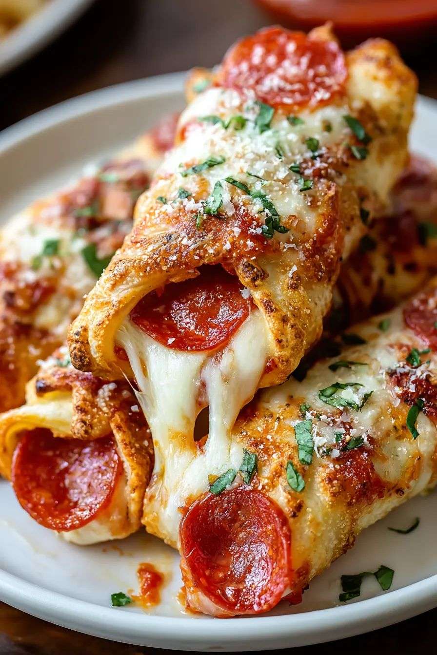 Rouleaux de pizza au pepperoni dorés au four, garnis de fromage fondant et de sauce tomate, servis sur une planche en bois.