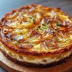 Gâteau moelleux aux oignons et au fromage sur assiette, plat salé doré au four, texture fondante et oignons caramélisés visibles.