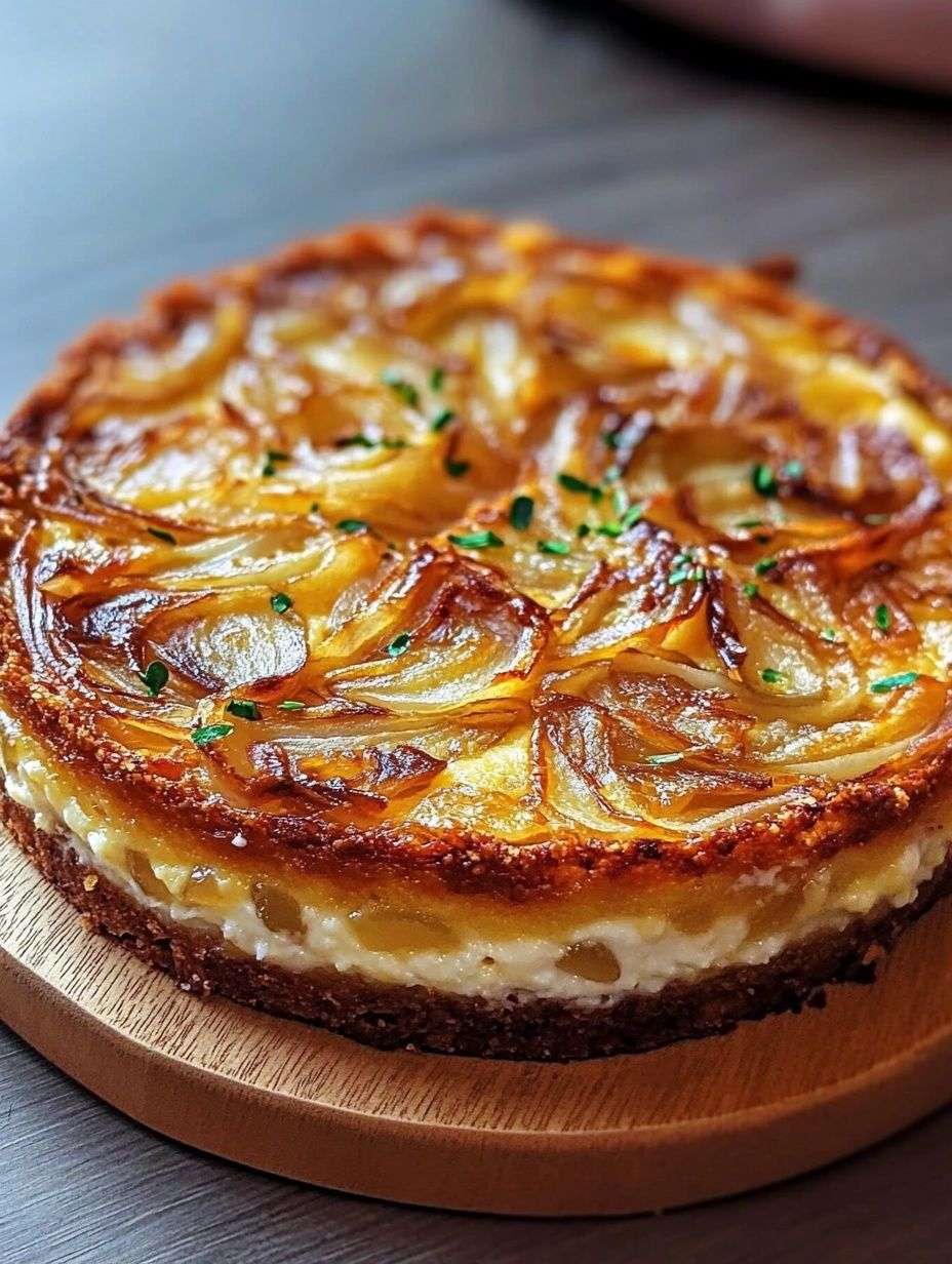 Gâteau moelleux aux oignons et au fromage sur assiette, plat salé doré au four, texture fondante et oignons caramélisés visibles.