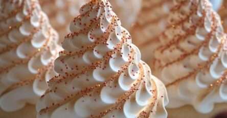 Meringues en forme de sapins de Noël décorées avec perles sucrées et étoiles sur une plaque de cuisson.