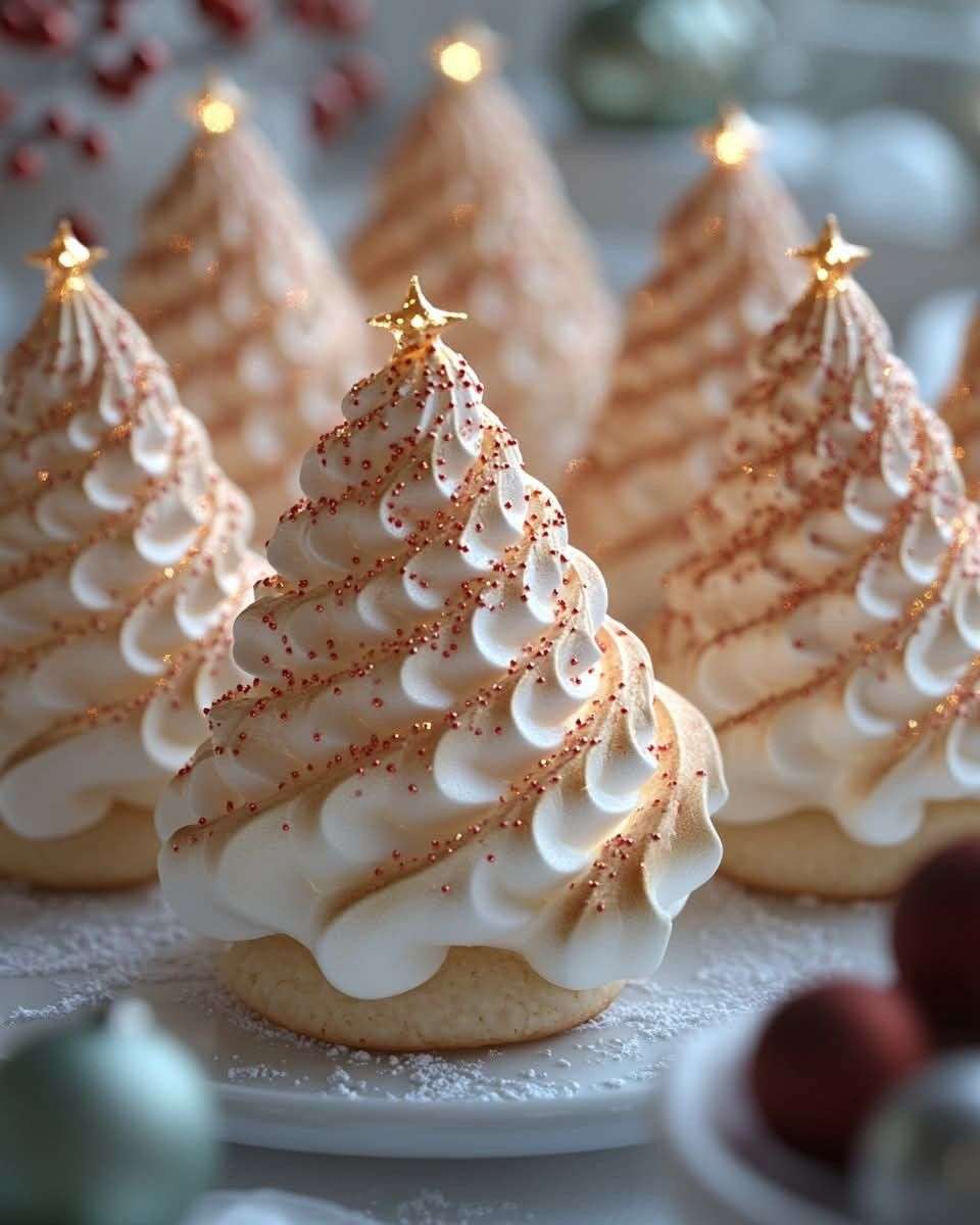 Meringues en forme de sapins de Noël décorées avec perles sucrées et étoiles sur une plaque de cuisson.