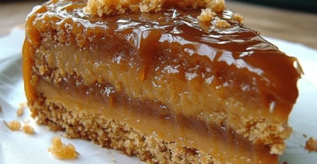 Gâteau doré au caramel beurre salé, nappé d’un glaçage brillant, servi sur une assiette blanche avec un filet de caramel coulant.