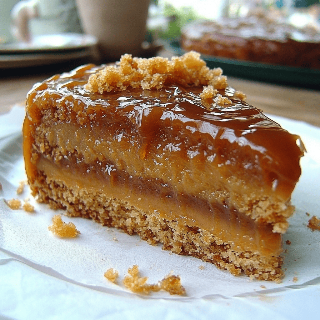 Gâteau doré au caramel beurre salé, nappé d’un glaçage brillant, servi sur une assiette blanche avec un filet de caramel coulant.