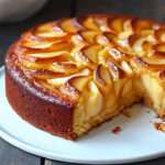 Gâteau fondant aux pommes, frangipane et mascarpone, doré au four, décoré de tranches de pommes et saupoudré de sucre glace.