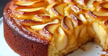 Gâteau fondant aux pommes, frangipane et mascarpone, doré au four, décoré de tranches de pommes et saupoudré de sucre glace.