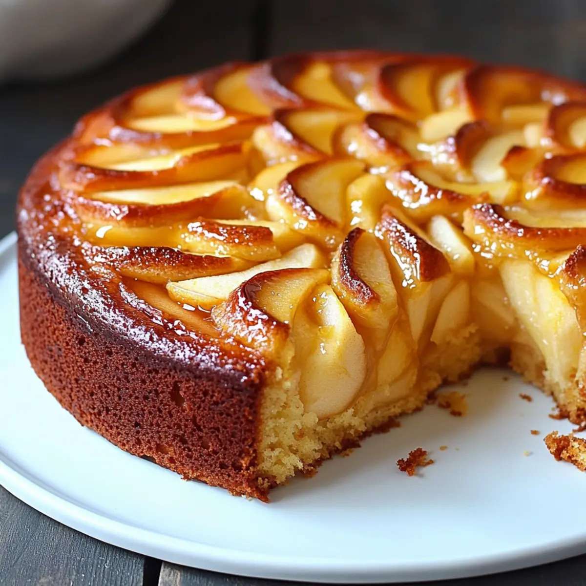 Gâteau fondant aux pommes, frangipane et mascarpone, doré au four, décoré de tranches de pommes et saupoudré de sucre glace.