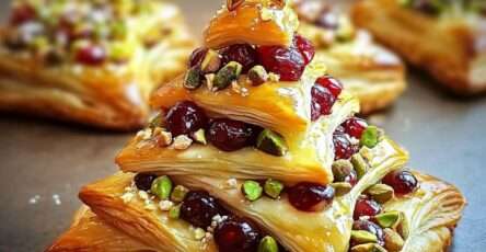 Mini sapins feuilletés garnis de camembert, canneberges et pistaches, dorés au four et présentés en apéritif festif.