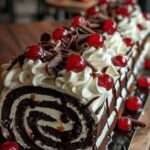 bûche roulée forêt-noire au chocolat garnie de crème chantilly et cerises sur le dessus