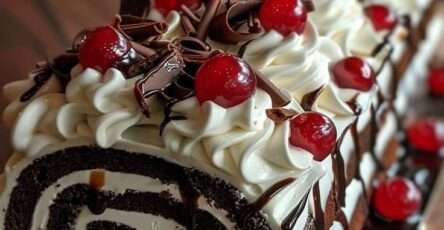 bûche roulée forêt-noire au chocolat garnie de crème chantilly et cerises sur le dessus