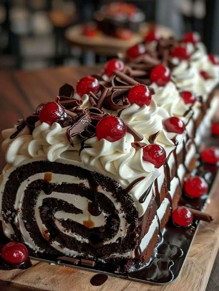 bûche roulée forêt-noire au chocolat garnie de crème chantilly et cerises sur le dessus