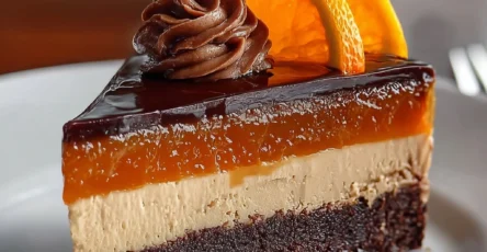 cheesecake chocolat et orange avec glaçage brillant et tranches d’orange