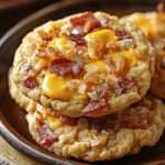 cookies salés au bacon cheddar et oignons frits posés sur une plaque dorée