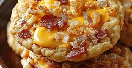 cookies salés au bacon cheddar et oignons frits posés sur une plaque dorée