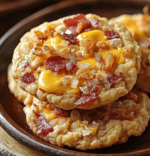 cookies salés au bacon cheddar et oignons frits posés sur une plaque dorée