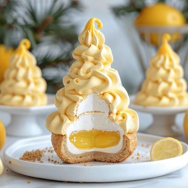Choux à la crème de citron avec coque en chocolat blanc coloré, base biscuitée et cœur de lemon curd.