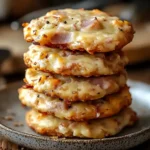 Assiette de cookies salés au jambon et au fromage, dorés au four, disposés pour l’apéritif sur une table de fête.
