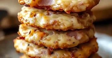 Assiette de cookies salés au jambon et au fromage, dorés au four, disposés pour l’apéritif sur une table de fête.