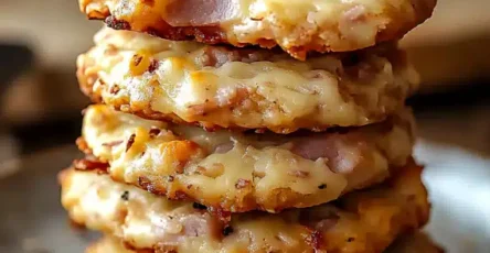 Assiette de cookies salés au jambon et au fromage, dorés au four, disposés pour l’apéritif sur une table de fête.