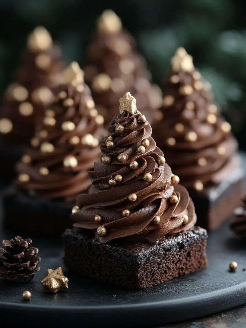 brownies sapin de noël décorés avec glaçage et décorations festives