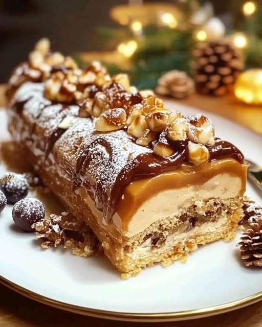 bûche de noël caramel cacahuètes décorée chocolat