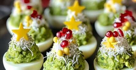 Œufs mimosa dressés en forme de petits sapins de Noël, garnis d’avocat, fromage râpé, graines de grenade et étoile de poivron jaune au sommet, sur un plat de fête.
