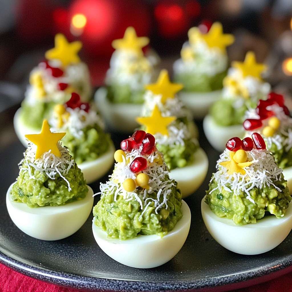 Œufs mimosa dressés en forme de petits sapins de Noël, garnis d’avocat, fromage râpé, graines de grenade et étoile de poivron jaune au sommet, sur un plat de fête.