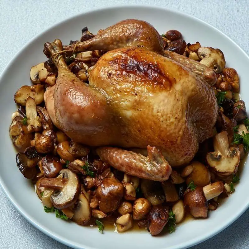 Chapon rôti doré au four, entouré de marrons caramélisés et de champignons sautés, servi dans un grand plat de fête sur une table élégamment dressée.