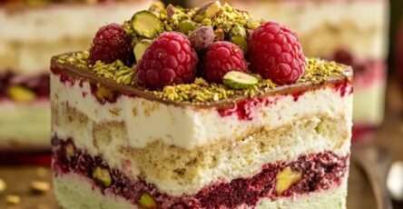 Verrines de tiramisu à la framboise et à la pistache, avec couches de crème mascarpone, coulis rouge et éclats de pistaches sur le dessus.