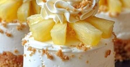 cheesecake sans cuisson à l’ananas avec crème fouettée et framboises