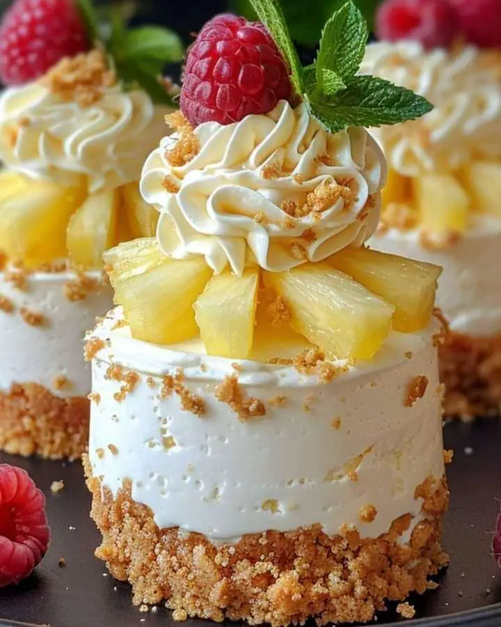 cheesecake sans cuisson à l’ananas avec crème fouettée et framboises