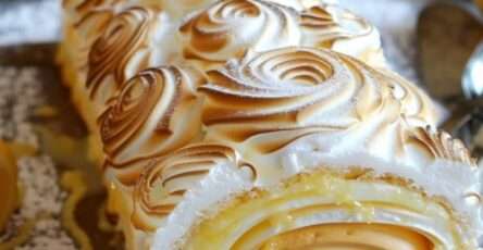 bûche au citron meringuée roulée avec meringue dorée