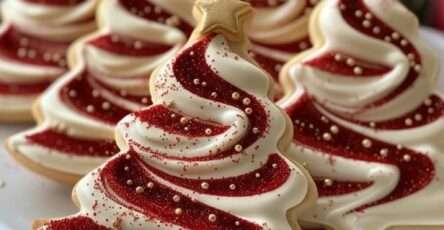 biscuits de noël en forme de sapin décorés de glaçage royal coloré et perles en sucre