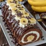 Bûche roulée chocolat banane glacée au chocolat noir brillant, décorée de rondelles de banane, pépites de chocolat et chantilly sur un plat de fête.