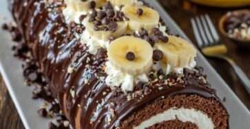 Bûche roulée chocolat banane glacée au chocolat noir brillant, décorée de rondelles de banane, pépites de chocolat et chantilly sur un plat de fête.