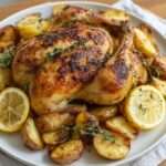 poulet rôti doré avec pommes de terre fondantes, citron et thym dans un plat familial